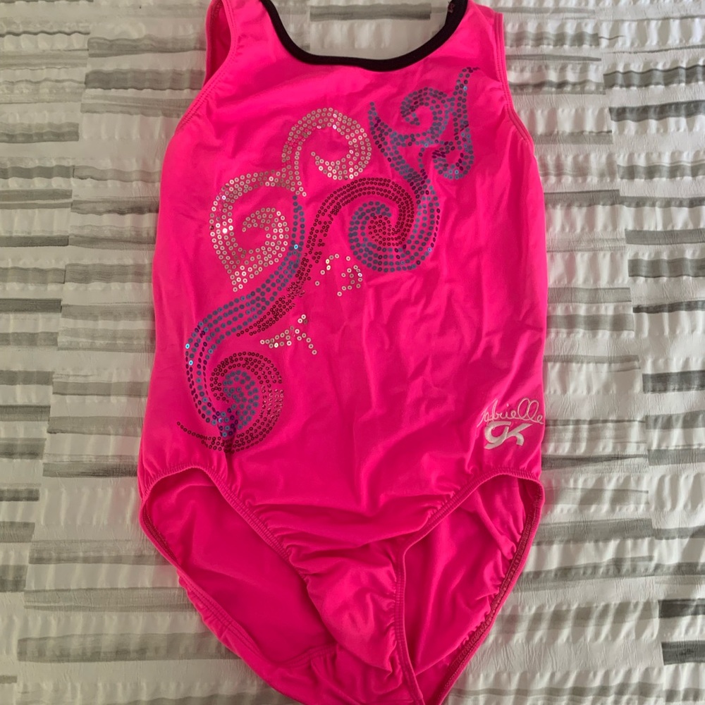 Pink GK leotard with multicolored sequin swirls in size Adult Large (AL)